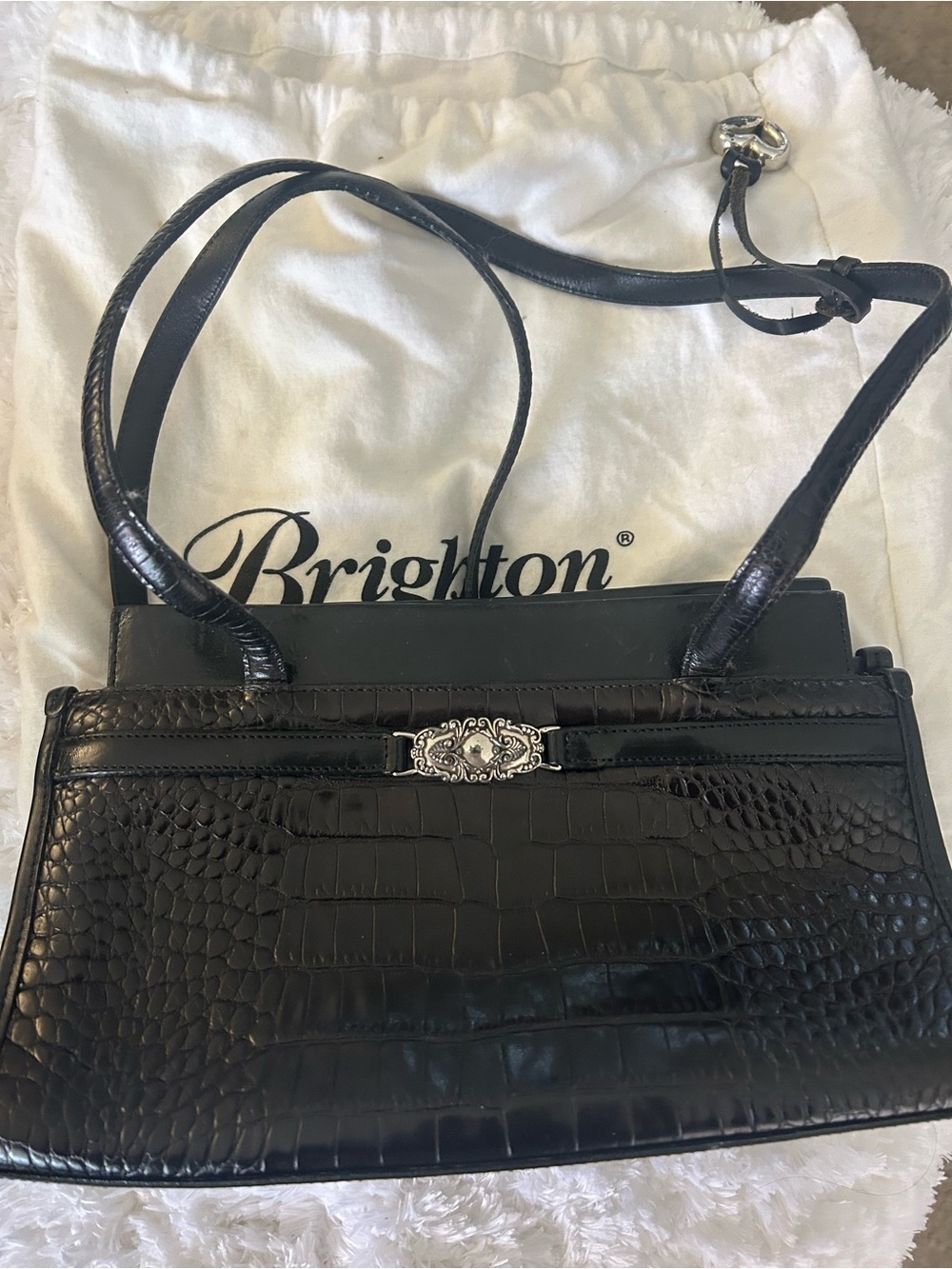 Brighton Black Croc-Embossed Shoulder Bag Silver-tone Hardware wt drawstring bag